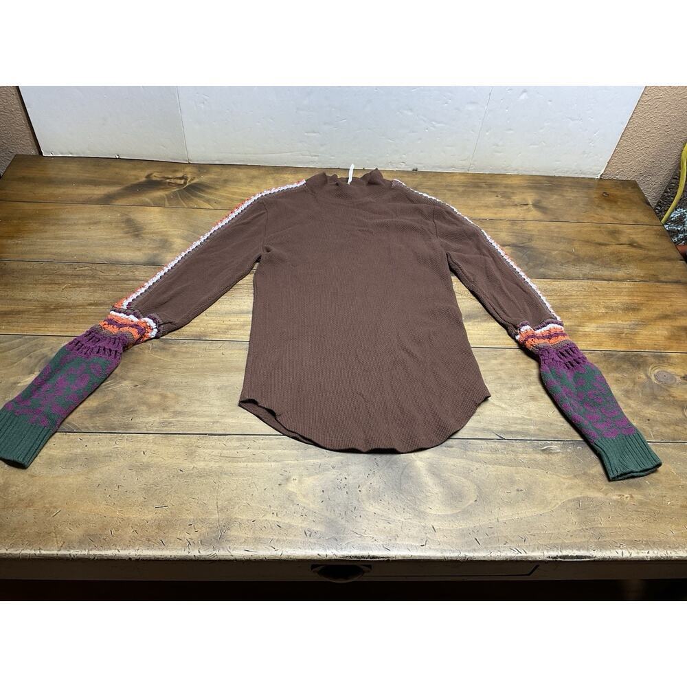 Free People Switch It Up Cuff Knit Thermal Top Cocoa Brown Boho Large Mock Neck